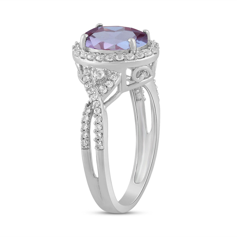 Jewelili Sterling Silver With Created Alexandrite and Created White Sapphire Halo Ring