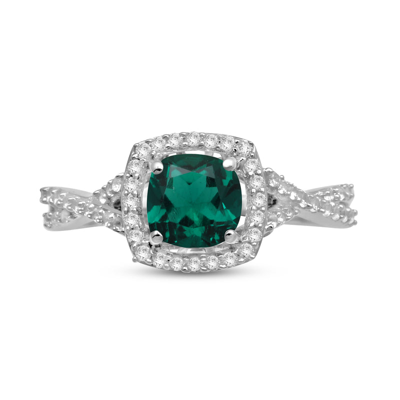 Jewelili Sterling Silver with Cushion Cut Created Emerald and Round Created White Sapphire Engagement Ring