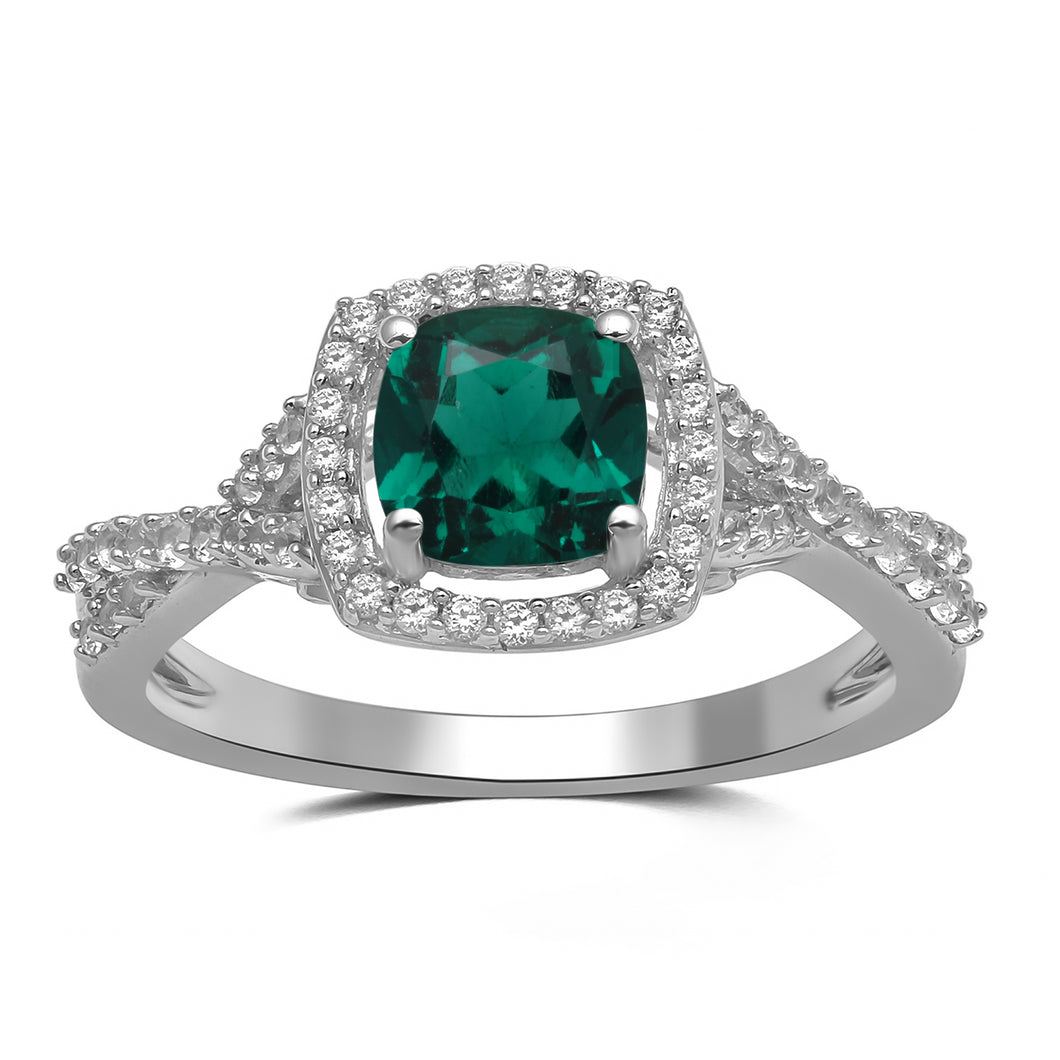 Jewelili Sterling Silver with Cushion Cut Created Emerald and Round Created White Sapphire Engagement Ring