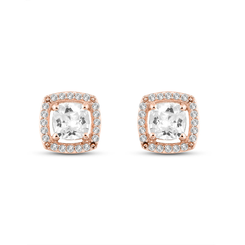 Jewelili 14K Rose Gold Over Sterling Silver with Cushion and Round Created White Sapphire Cushion Fashion Stud Earrings
