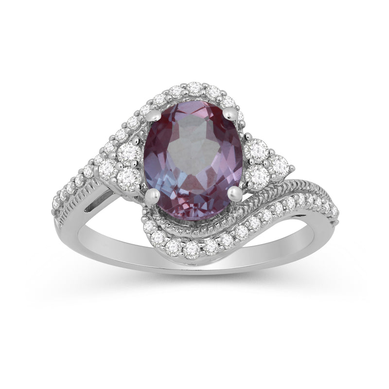 Jewelili Ring with Oval Created Alexandrite and Created White Sapphire in Sterling Silver View 1