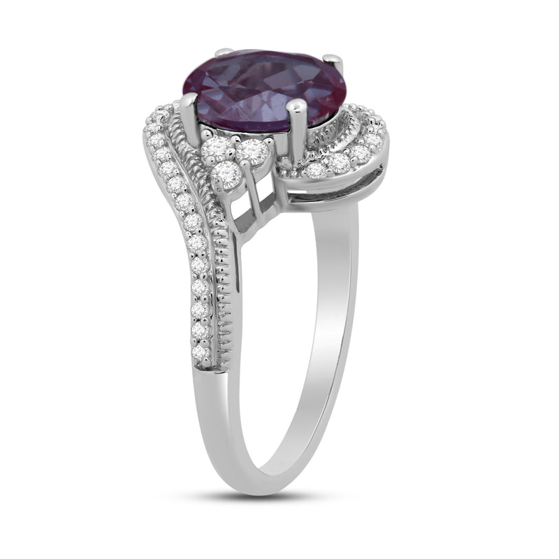 Jewelili Ring with Oval Created Alexandrite and Created White Sapphire in Sterling Silver View 4