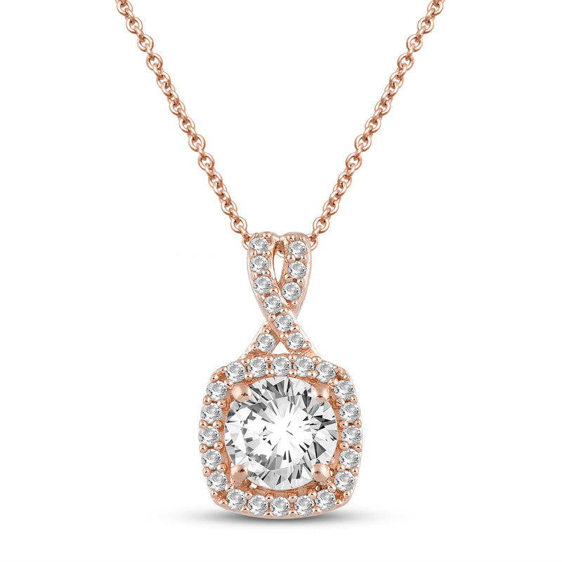 Jewelili 14K Rose Gold Over Sterling Silver With Round Created White Sapphire Cushion Shape Pendant Necklace