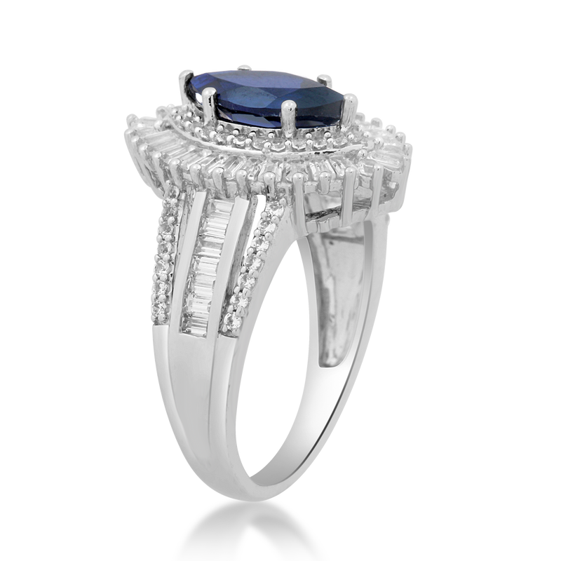 Jewelili Cocktail Ring with Round and Baguette Shape Created White Sapphire in Sterling Silver 10x5mm Marquise Created Blue Sapphire View 4
