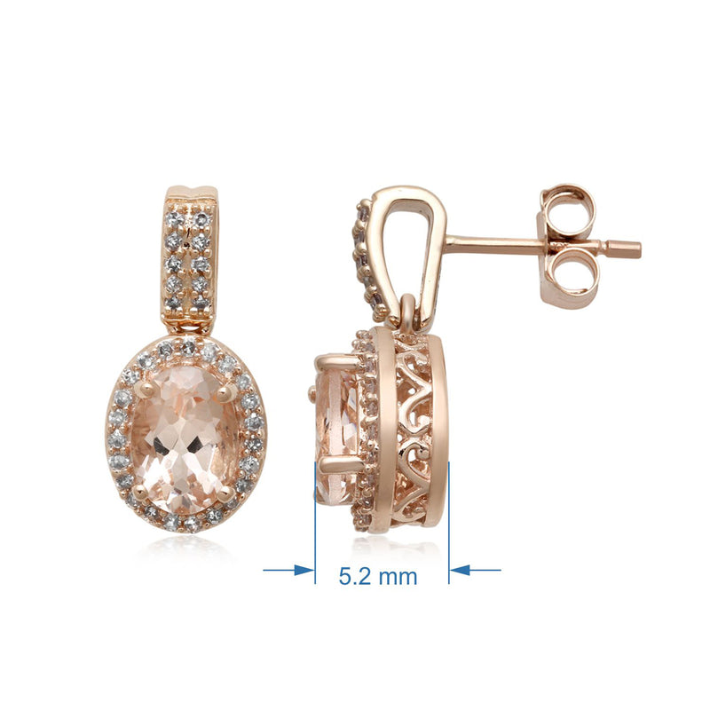 Jewelili 10K Rose Gold Natural Morganite Oval With 1/5 CTTW Natural White Diamonds Dangle Earrings