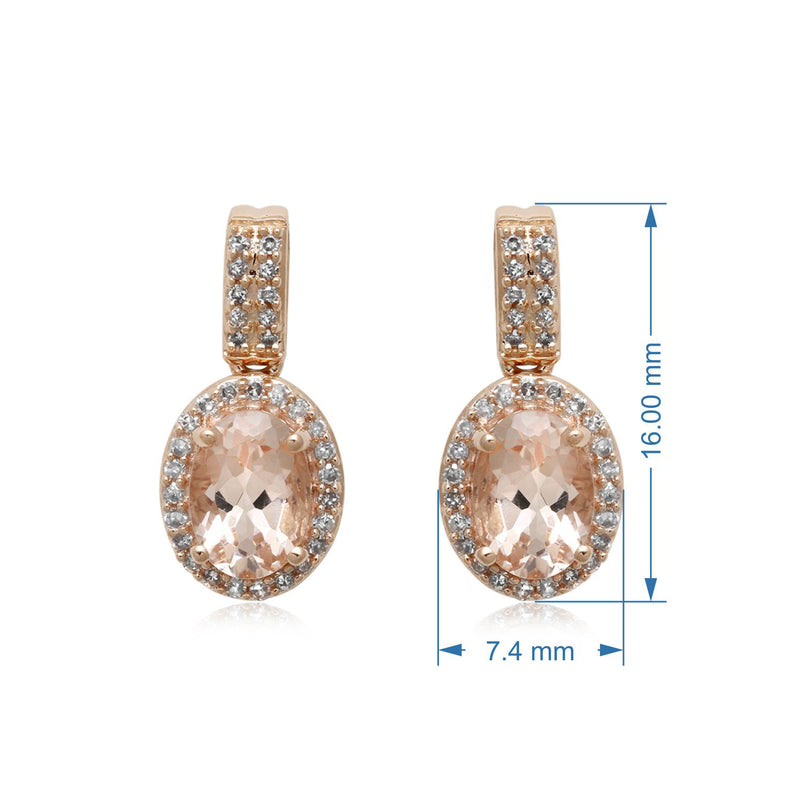 Jewelili 10K Rose Gold Natural Morganite Oval With 1/5 CTTW Natural White Diamonds Dangle Earrings