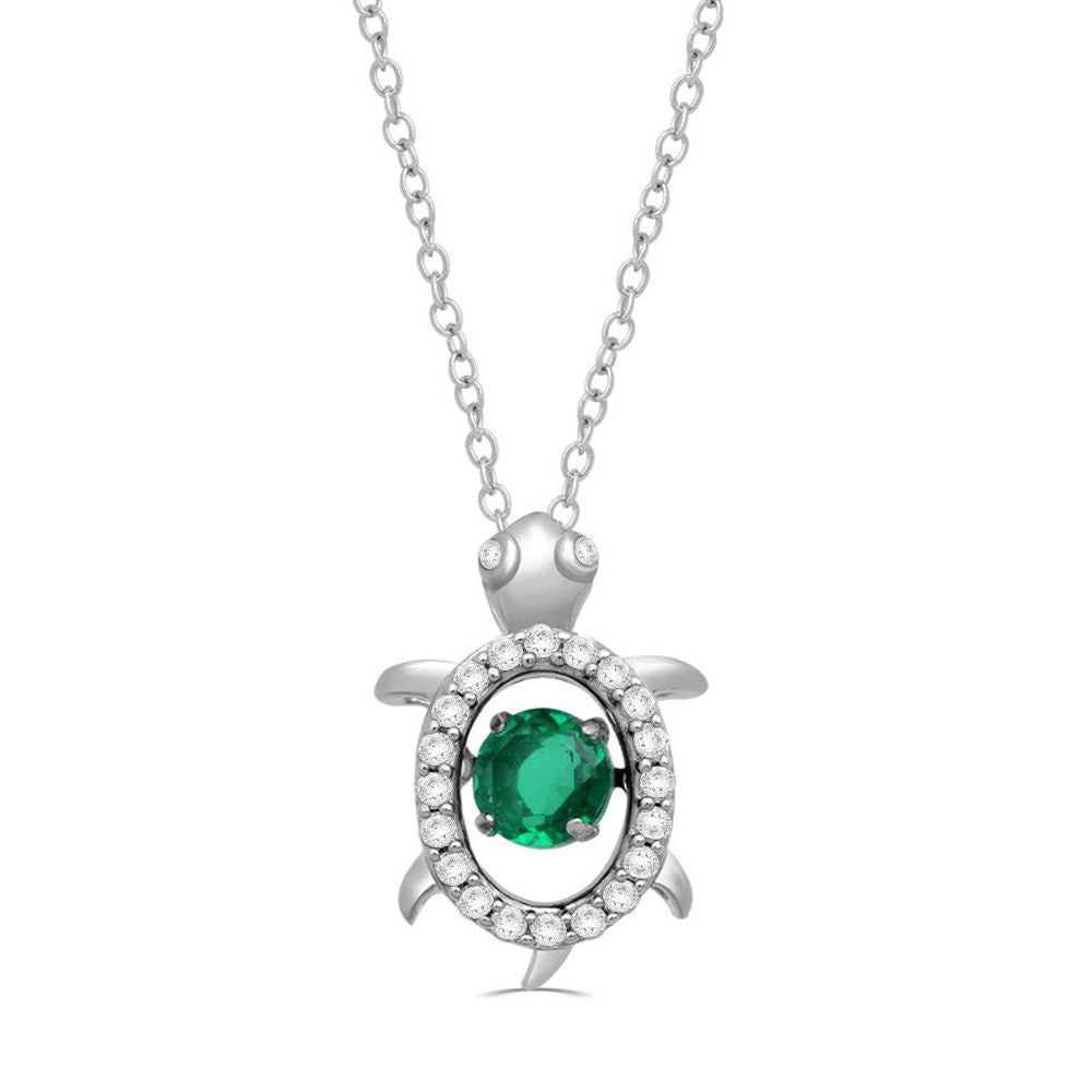 Jewelili Sterling Silver with Dancing Green Quartz and Created White Sapphire Whimsical Turtle Necklace Pendant