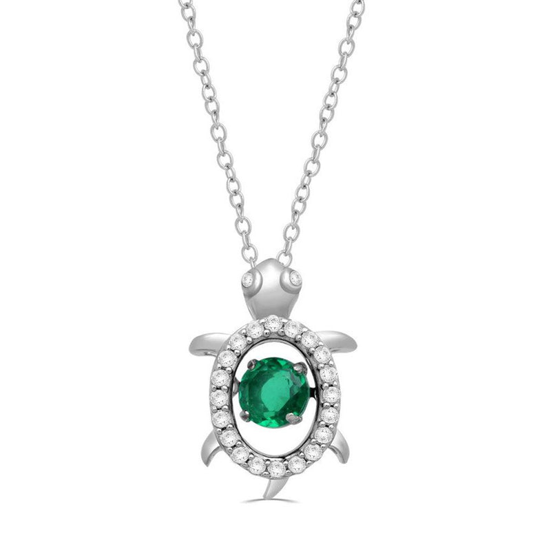 Jewelili Sterling Silver with Dancing Green Quartz and Created White Sapphire Whimsical Turtle Necklace Pendant