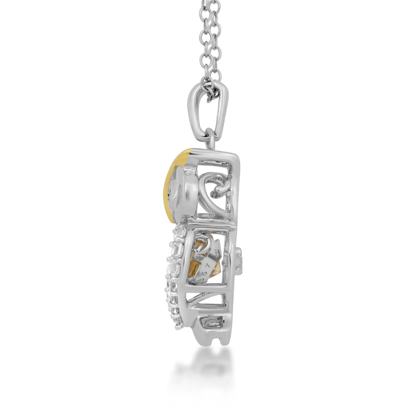 Jewelili 14K Yellow Gold Over Sterling Silver 5 MM Dancing Round Citrine Cubic Zirconia and Round White Cubic Zirconia Owl Pendant Necklace, 18" Box Chain