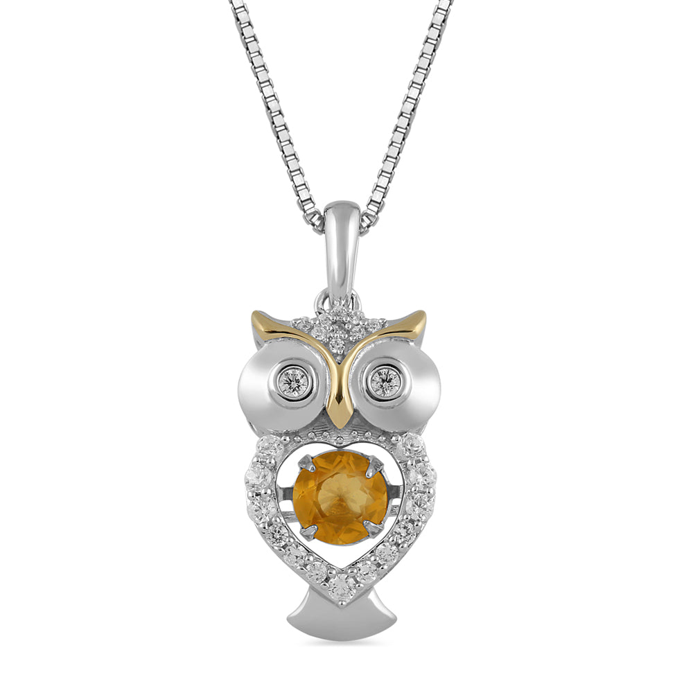 Jewelili 14K Yellow Gold Over Sterling Silver 5 MM Dancing Round Citrine Cubic Zirconia and Round White Cubic Zirconia Owl Pendant Necklace, 18