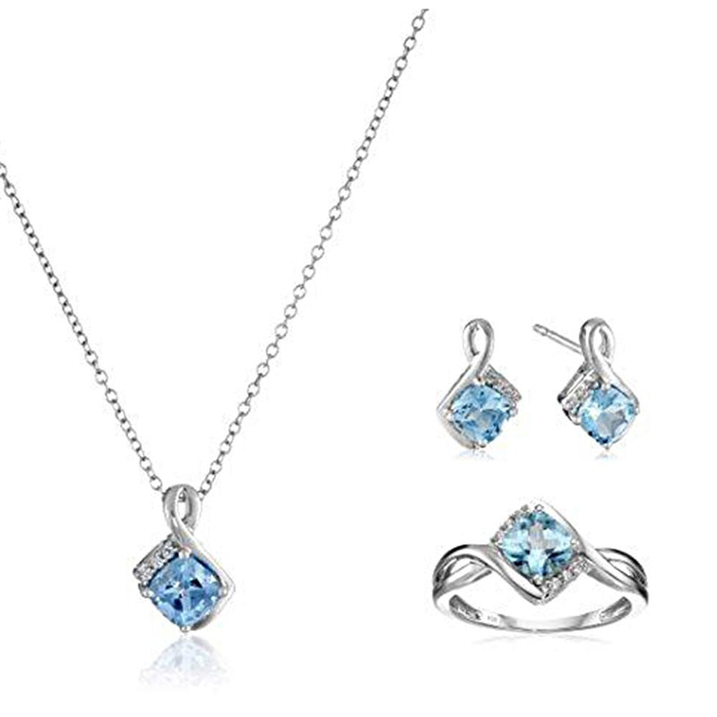 Jewelili Necklace, Ring Box Set with Silver Swiss Blue Topaz Cushion and Created White Sapphire in Sterling Silver View 1