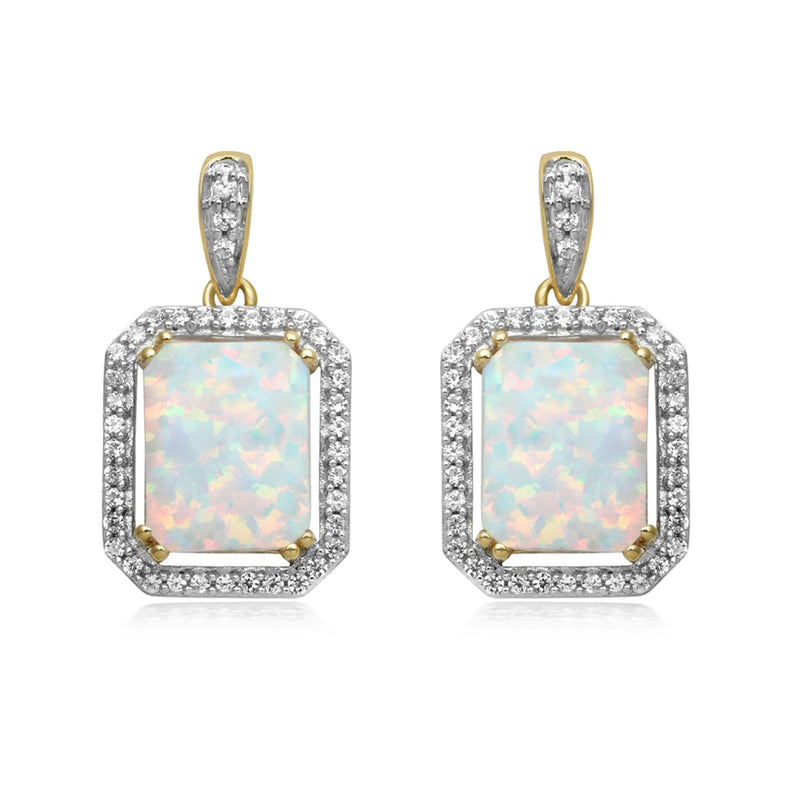 Jewelili 14K Yellow Gold Over Sterling Silver with Octagon Created Opal and Round Created White Sapphire Dangle Earrings