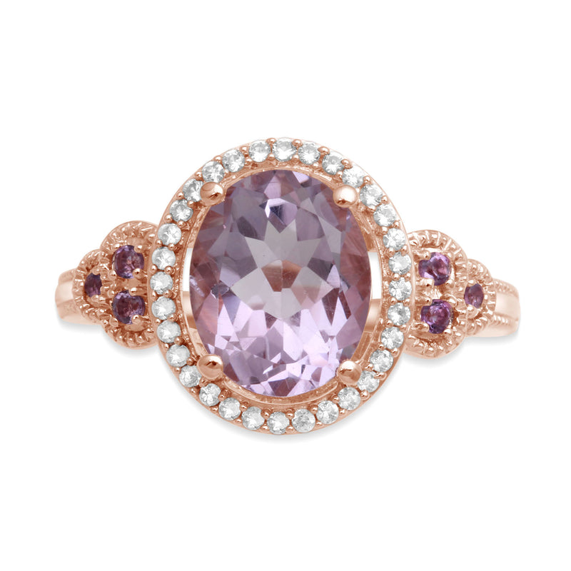 Jewelili Halo Ring with Oval Rose De France with Created White Sapphire in 10K Rose Gold View 2