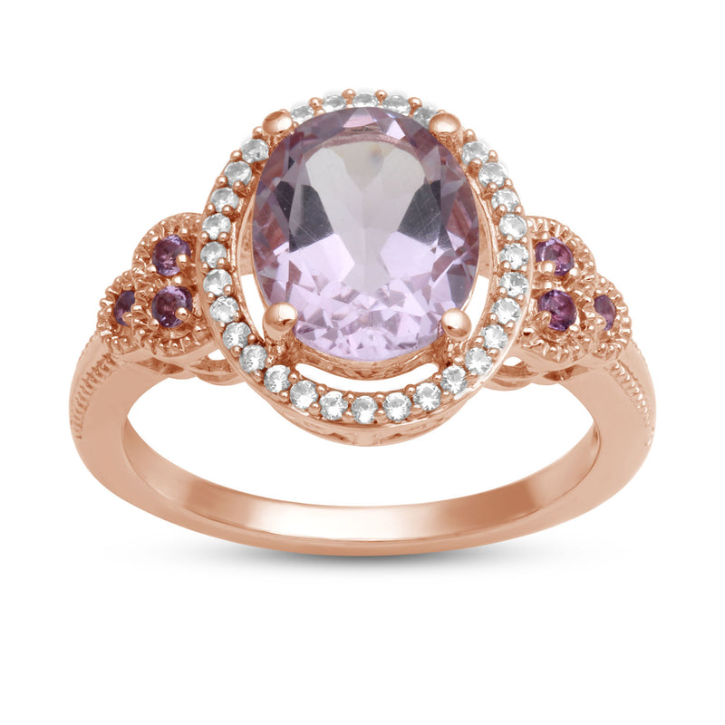 Jewelili Halo Ring with Oval Rose De France with Created White Sapphire in 10K Rose Gold View 1