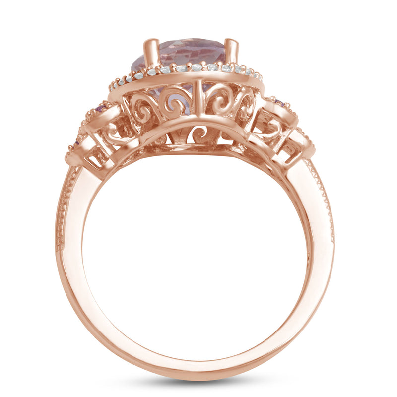 Jewelili Halo Ring with Oval Rose De France with Created White Sapphire in 10K Rose Gold View 3