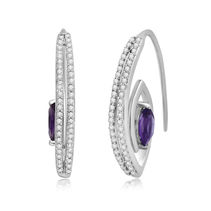 Jewelili Sterling Silver With Marquise Cut Amethyst and Created White Sapphire Earrings