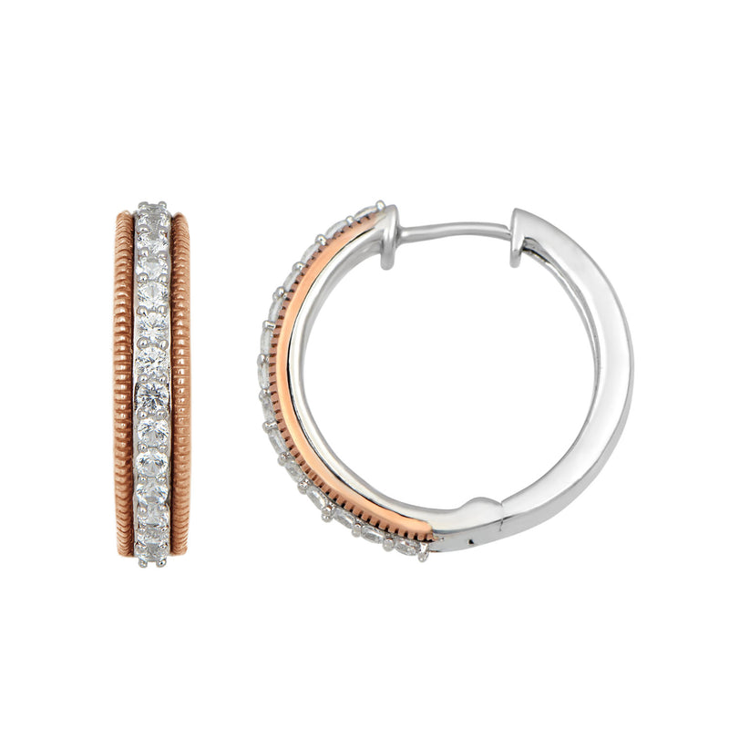 Jewelili Sterling Silver and 10K Rose Gold With Round Created White Sapphire Hoop Earrings