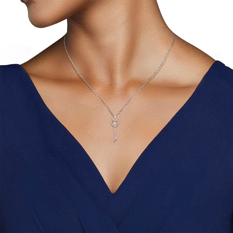 Jewelili Key Heart Pendant Necklace with Round Shape Created White Sapphire in 10K Rose Gold over Sterling Silver View 2