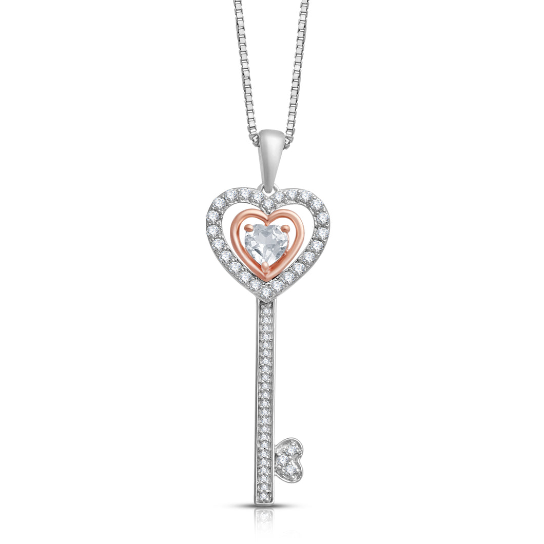 Jewelili Key Heart Pendant Necklace with Round Shape Created White Sapphire in 10K Rose Gold over Sterling Silver 