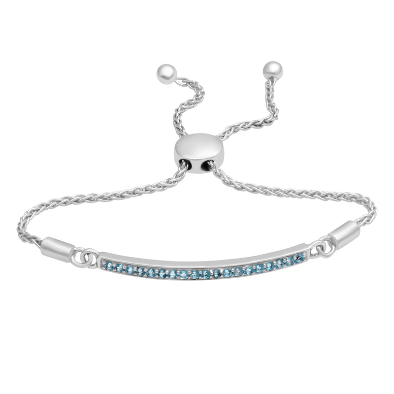Jewelili Cubic Zirconia Bolo Bracelet with Round Ice Blue Topaz in Sterling Silver