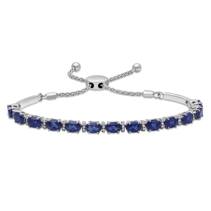 Jewelili Bolo Bracelet with Oval Created Blue Sapphire and Round White Topaz in Sterling Silver 6x4mm