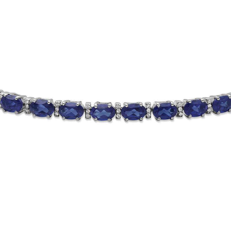 Jewelili Bolo Bracelet with Oval Created Blue Sapphire and Round White Topaz in Sterling Silver 6x4mm View 1