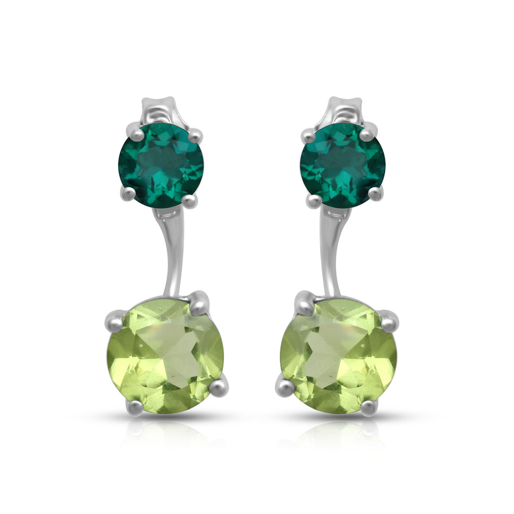 Jewelili Sterling Silver With Created Emerald and Peridot Earrings