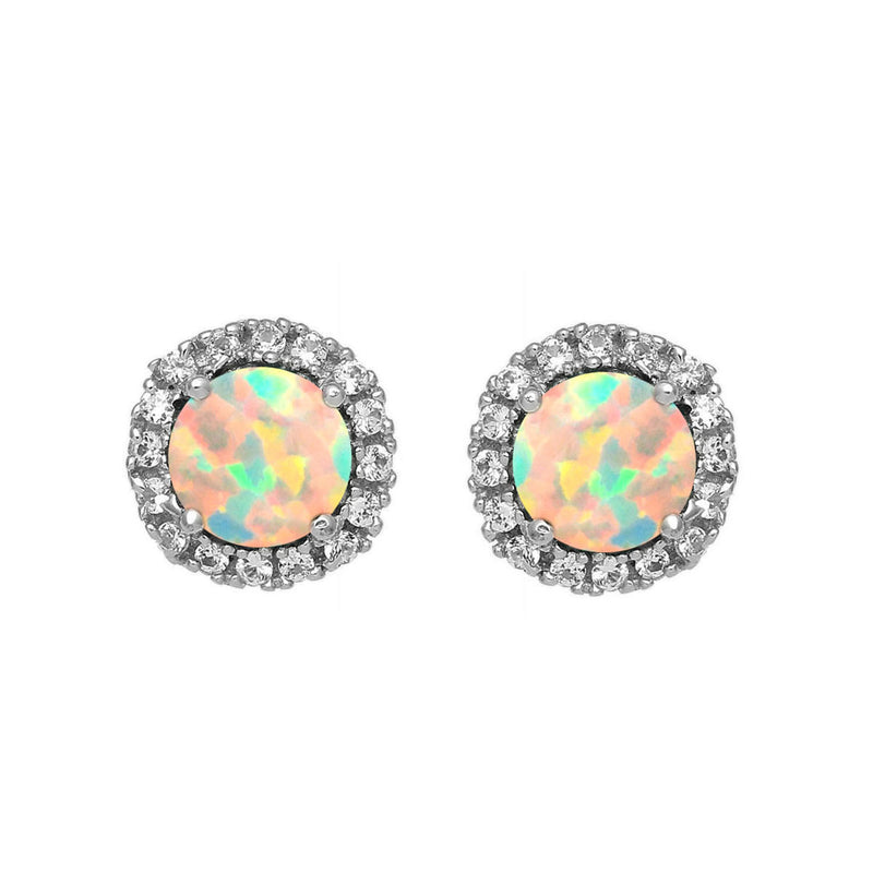 Jewelili Sterling Silver With Round Created Opal and Created White Sapphire Halo Stud Earrings