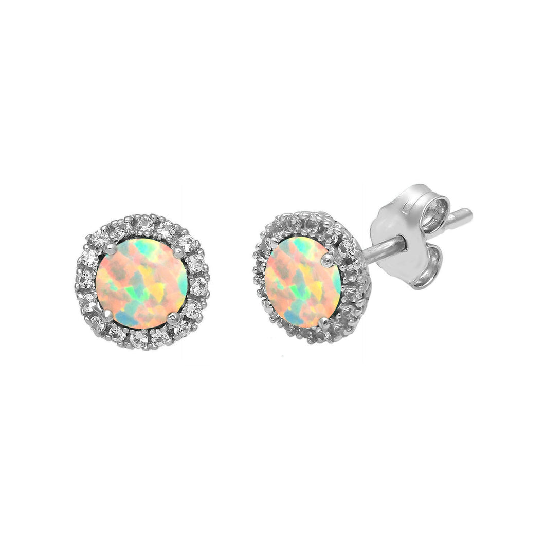 Jewelili Sterling Silver With Round Created Opal and Created White Sapphire Halo Stud Earrings