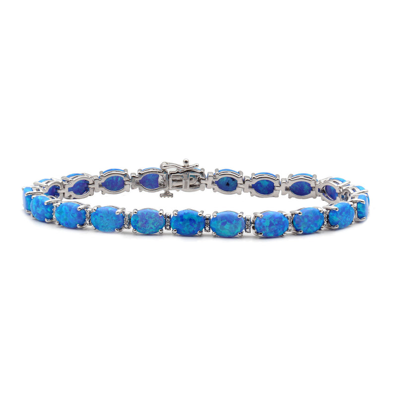 Jewelili Tennis Bracelet with Created Blue Opal in Sterling Silver