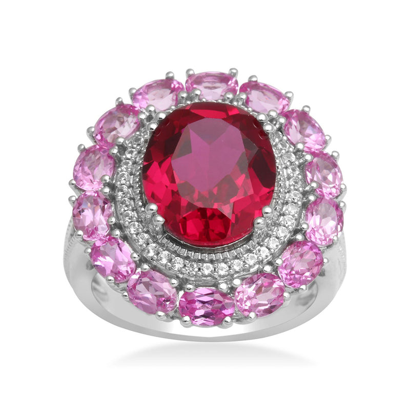 Jewelili Halo Ring with Oval Created Ruby Framed with Round Created White Sapphire and Oval Pink Sapphire Sterling Silver View 1