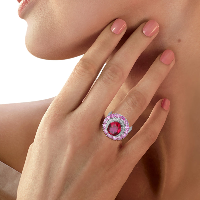 Jewelili Halo Ring with Oval Created Ruby Framed with Round Created White Sapphire and Oval Pink Sapphire Sterling Silver View 2