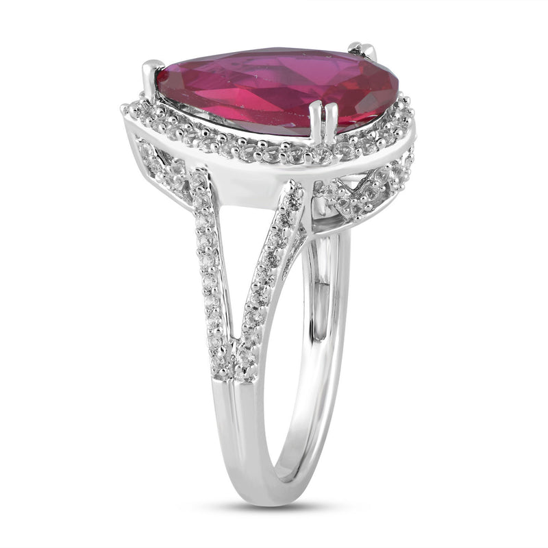 Jewelili Sterling Silver with Pear Shape Created Ruby and Round Created White Sapphire Teardrop Ring
