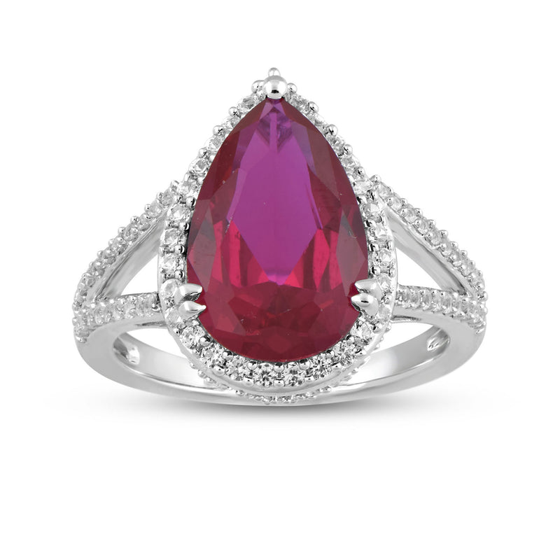 Jewelili Sterling Silver with Pear Shape Created Ruby and Round Created White Sapphire Teardrop Ring