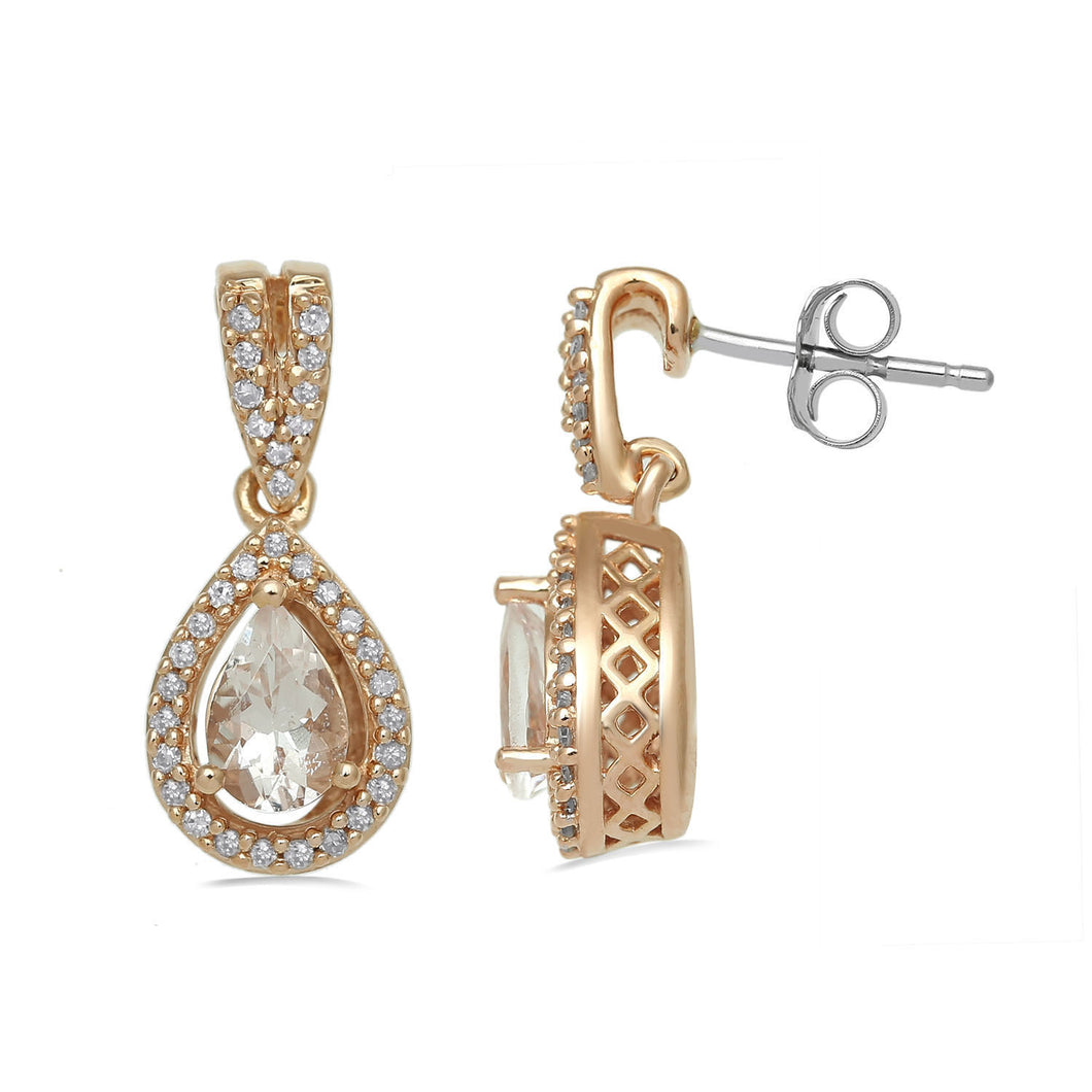 Jewelili Teardrop Drop Earrings with Pear Shape Natural Morganite and White Natural Diamonds in 10K Rose Gold 1/5 CTTW View 1