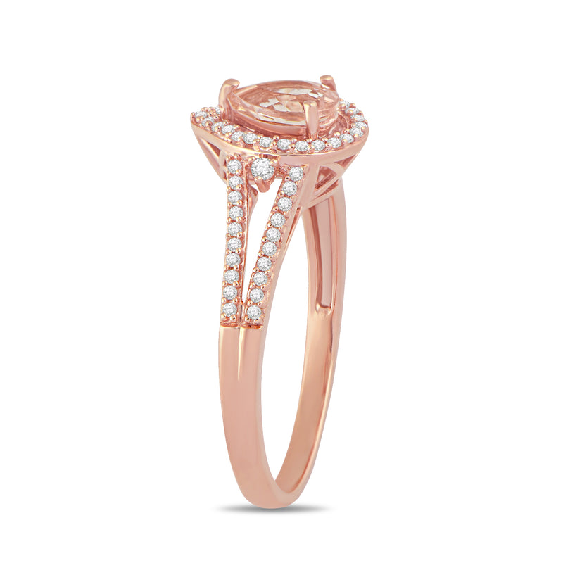 Jewelili 10K Rose Gold With Pear Shape Morganite and 1/4 CTTW Natural White Diamonds Teardrop Ring