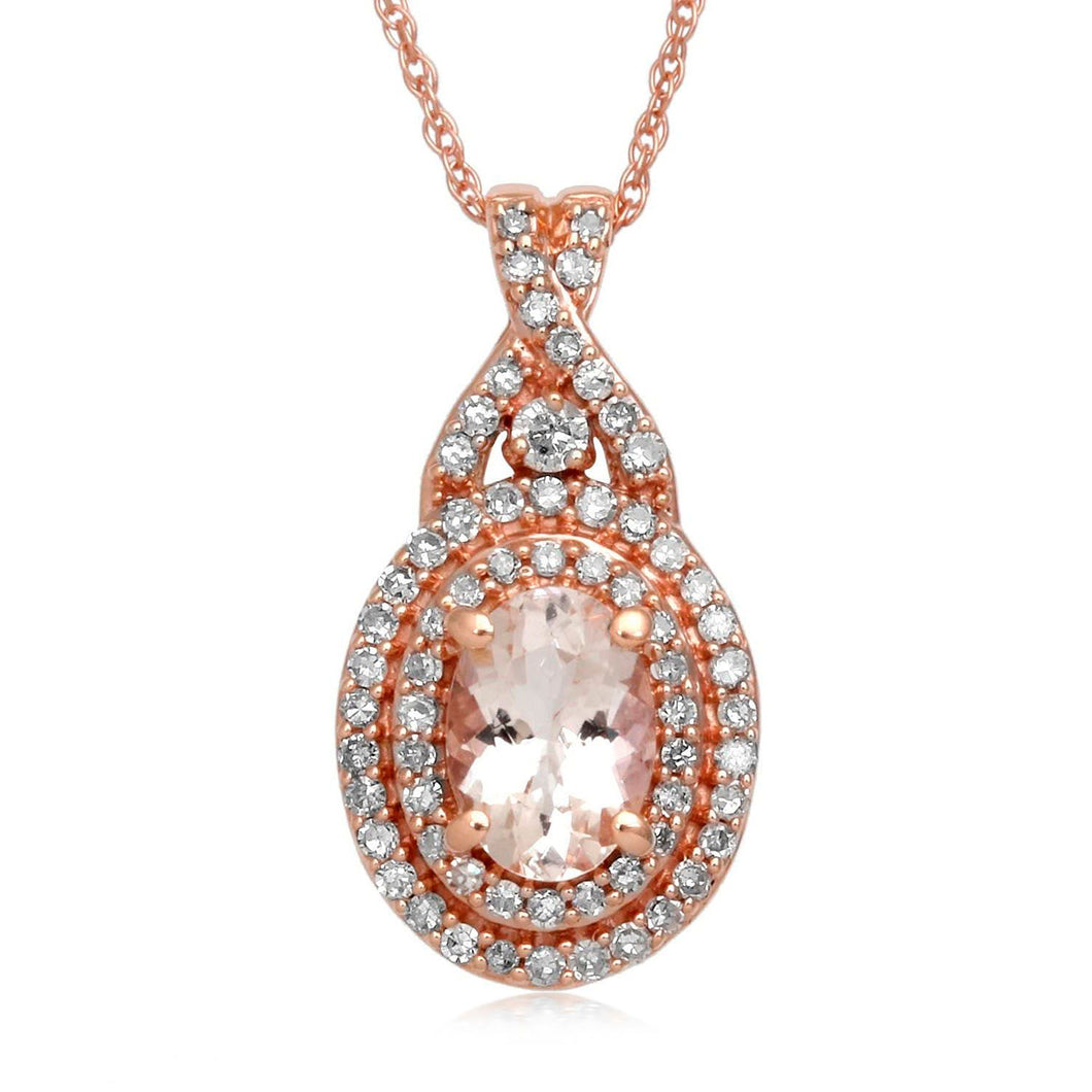 Jewelili 10K Rose Gold With Oval Shape Morganite and Round White Diamonds 1/4 CTTW Halo Pendant Necklace, 18