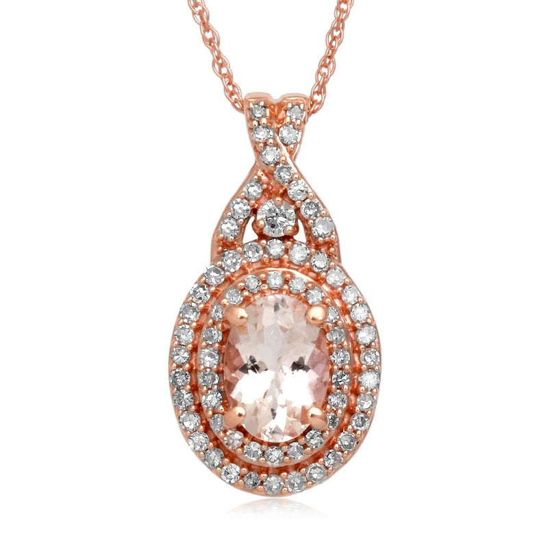 Jewelili 10K Rose Gold With Oval Shape Morganite and Round White Diamonds 1/4 CTTW Halo Pendant Necklace, 18" Rope Chain