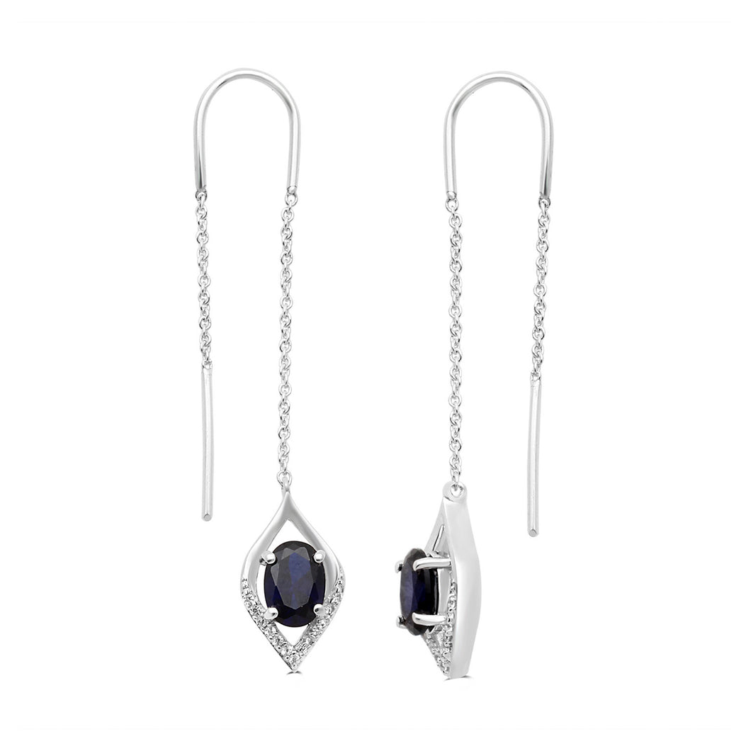 Jewelili Sterling Sliver with Oval Created Blue sapphire and Round Created White Sapphire Teardrop Drop Earrings