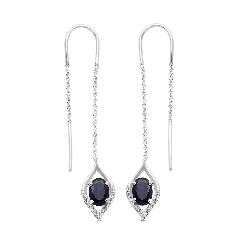 Jewelili Sterling Sliver with Oval Created Blue sapphire and Round Created White Sapphire Teardrop Drop Earrings