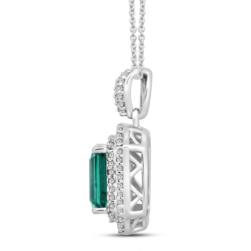 Jewelili Sterling Silver With Octagon Shape Created Emerald and Created White Sapphire Pendant Necklace