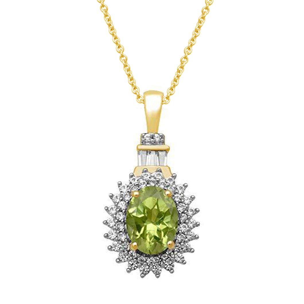 Jewelili 14K Yellow Gold Over Sterling Silver With Oval Shape Peridot, Baguette and Round Created White Sapphire Halo Pendant Necklace