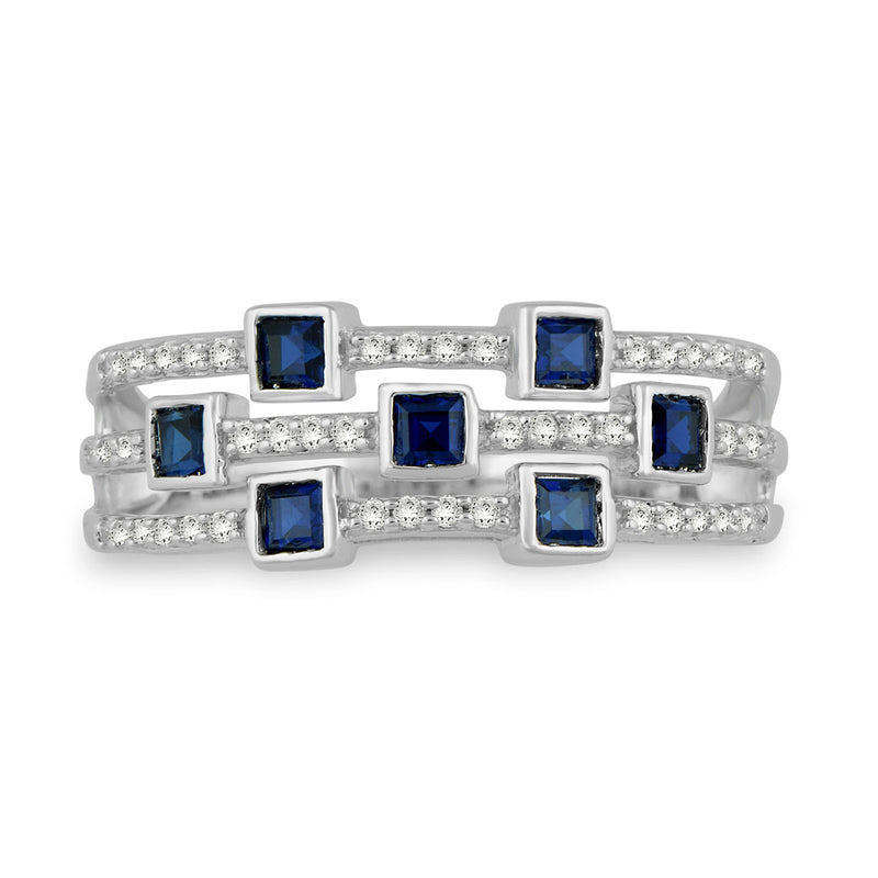 Jewelili Ring with Princess Cut Created Blue Sapphire and CTTW Round Diamonds in Sterling Silver 1/5 View 2