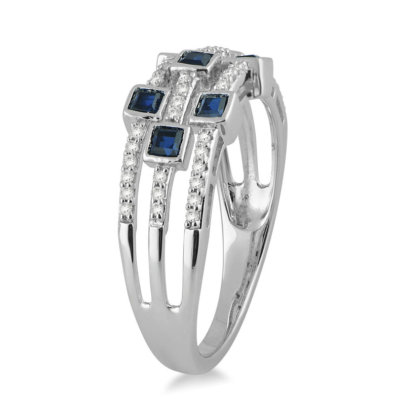 Jewelili Ring with Princess Cut Created Blue Sapphire and CTTW Round Diamonds in Sterling Silver 1/5 View 4