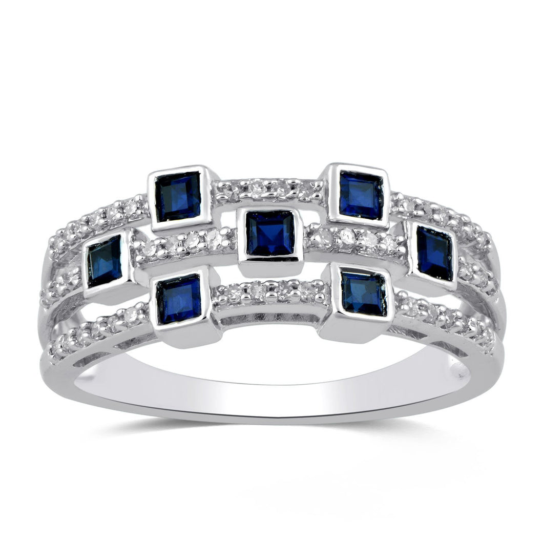 Jewelili Ring with Princess Cut Created Blue Sapphire and CTTW Round Diamonds in Sterling Silver 1/5 View 1