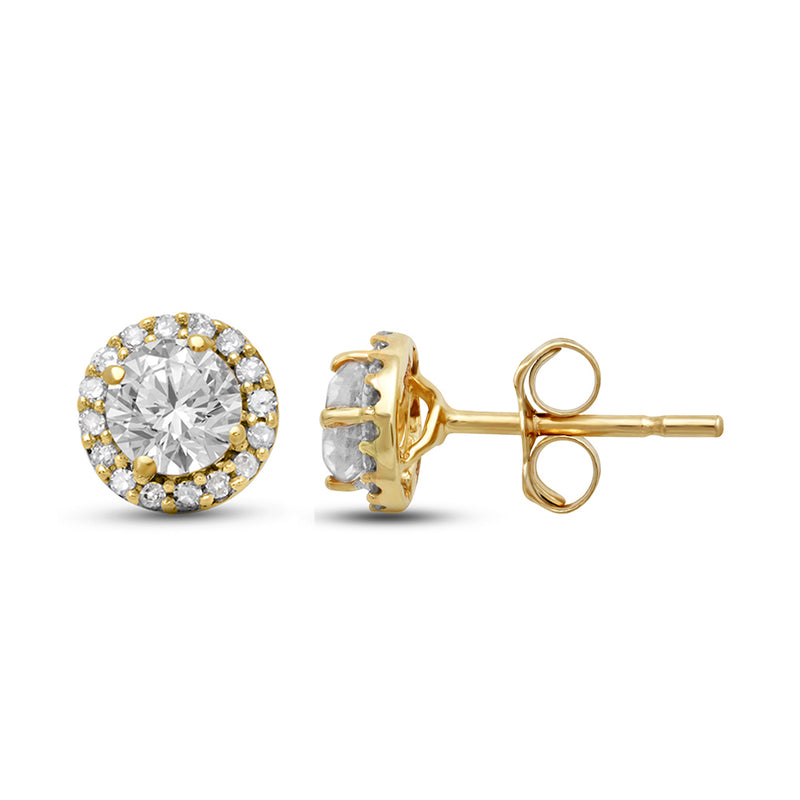 Jewelili Stud Earrings with Round White Topaz and Natural White Round Diamonds in 10K Yellow Gold 1/10 CTTW view 2