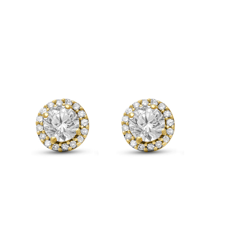 Jewelili Stud Earrings with Round White Topaz and Natural White Round Diamonds in 10K Yellow Gold 1/10 CTTW view 1