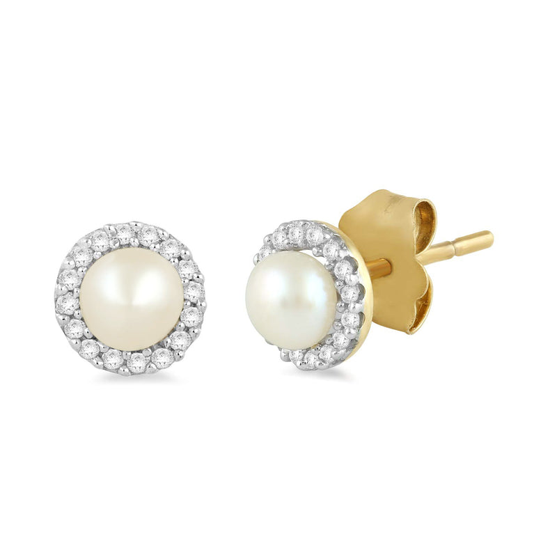 Jewelili 10K Yellow Gold 4 MM Half Drill Button Round Pearl and 1/10 CTTW Natural White Round Diamonds Stud Earrings
