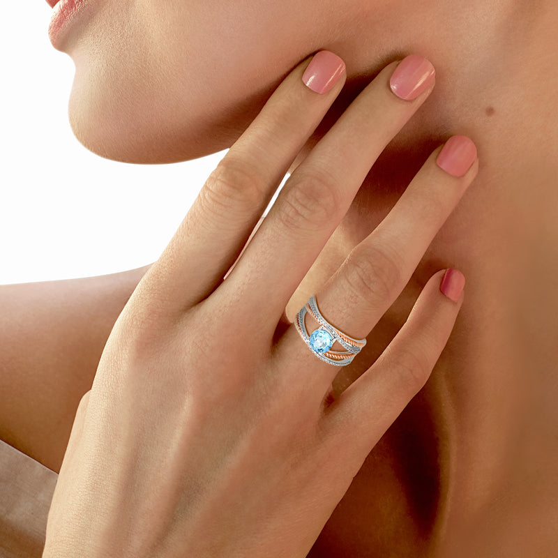 Jewelili Ring with London Blue Topaz and Natural White Round Diamonds in Rose Gold over Sterling Silver 1/5 CTTW View 2