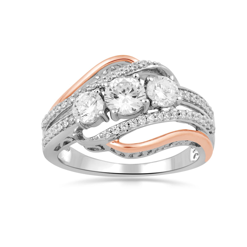 Jewelili Rose Gold Over Sterling Silver With Created White Sapphire Three Stone Engagement Ring